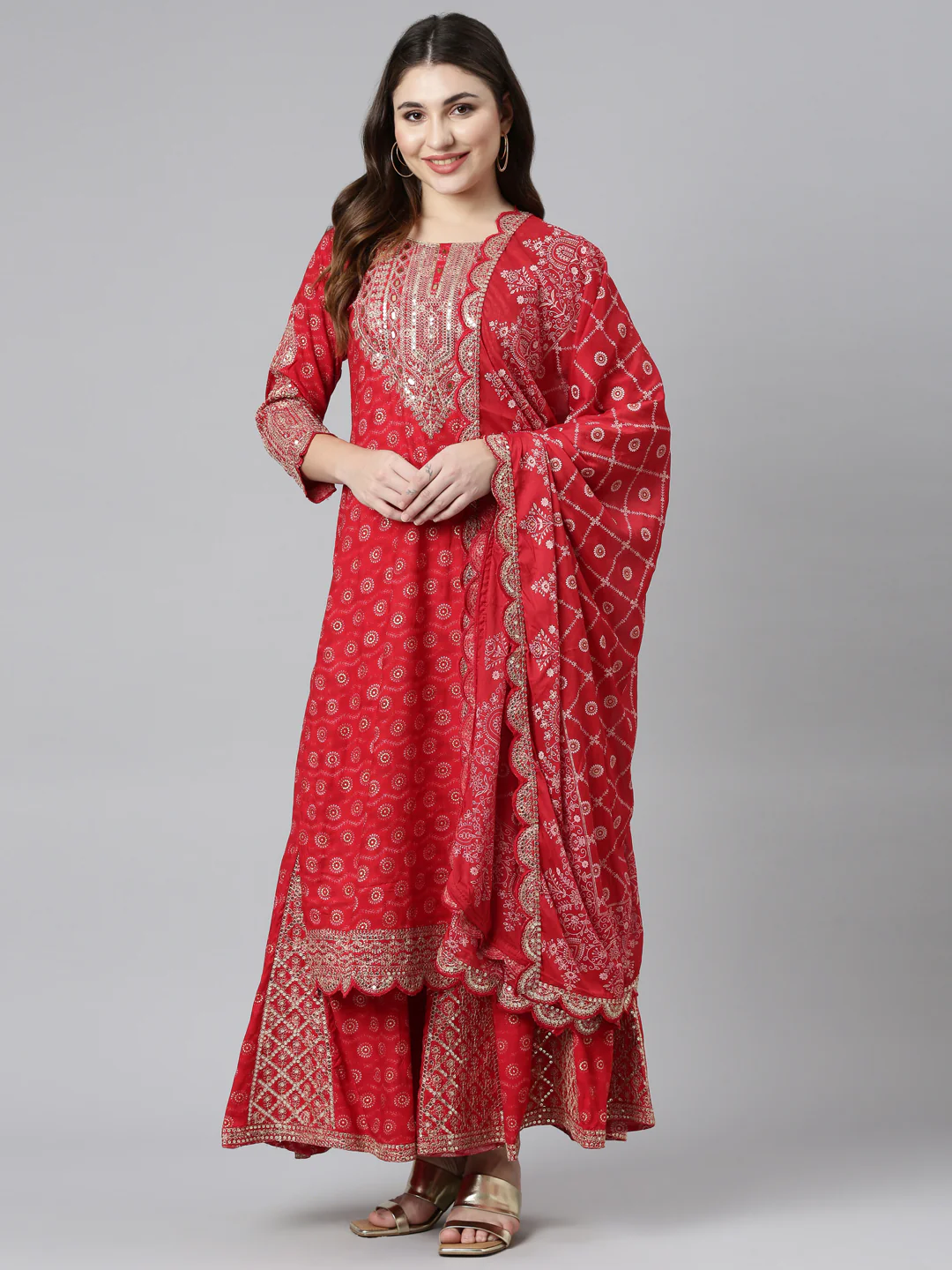 Neerus Red Regular Straight Printed Kurta And Sharara With Dupatta - Image 5