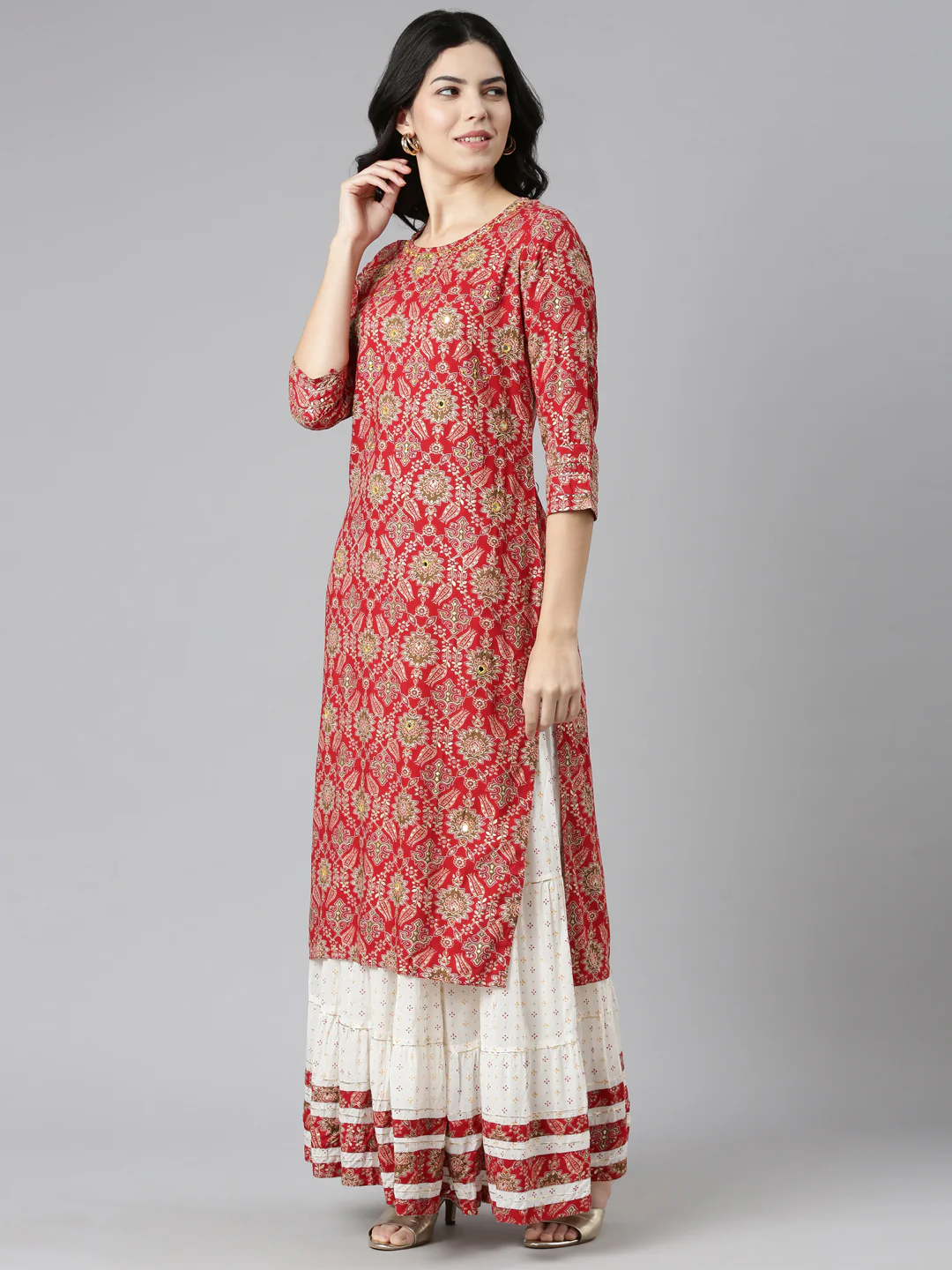 Neerus Red Regular Straight Printed Kurta And Skirt With Dupatta - Image 2