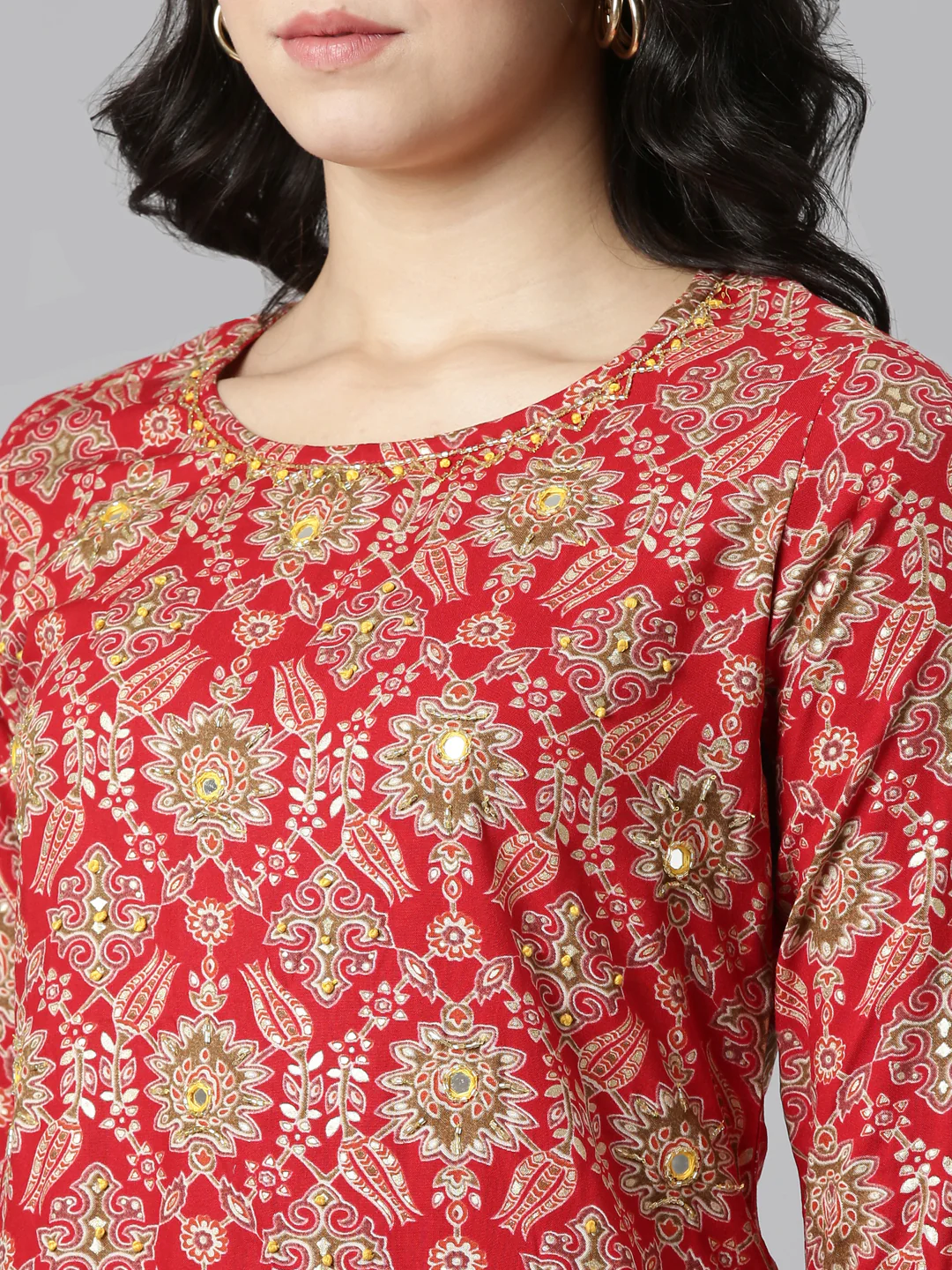 Neerus Red Regular Straight Printed Kurta And Skirt With Dupatta - Image 4