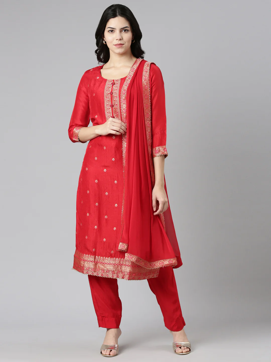 Neerus Red Regular Straight Printed Kurta And Trousers With Dupatta