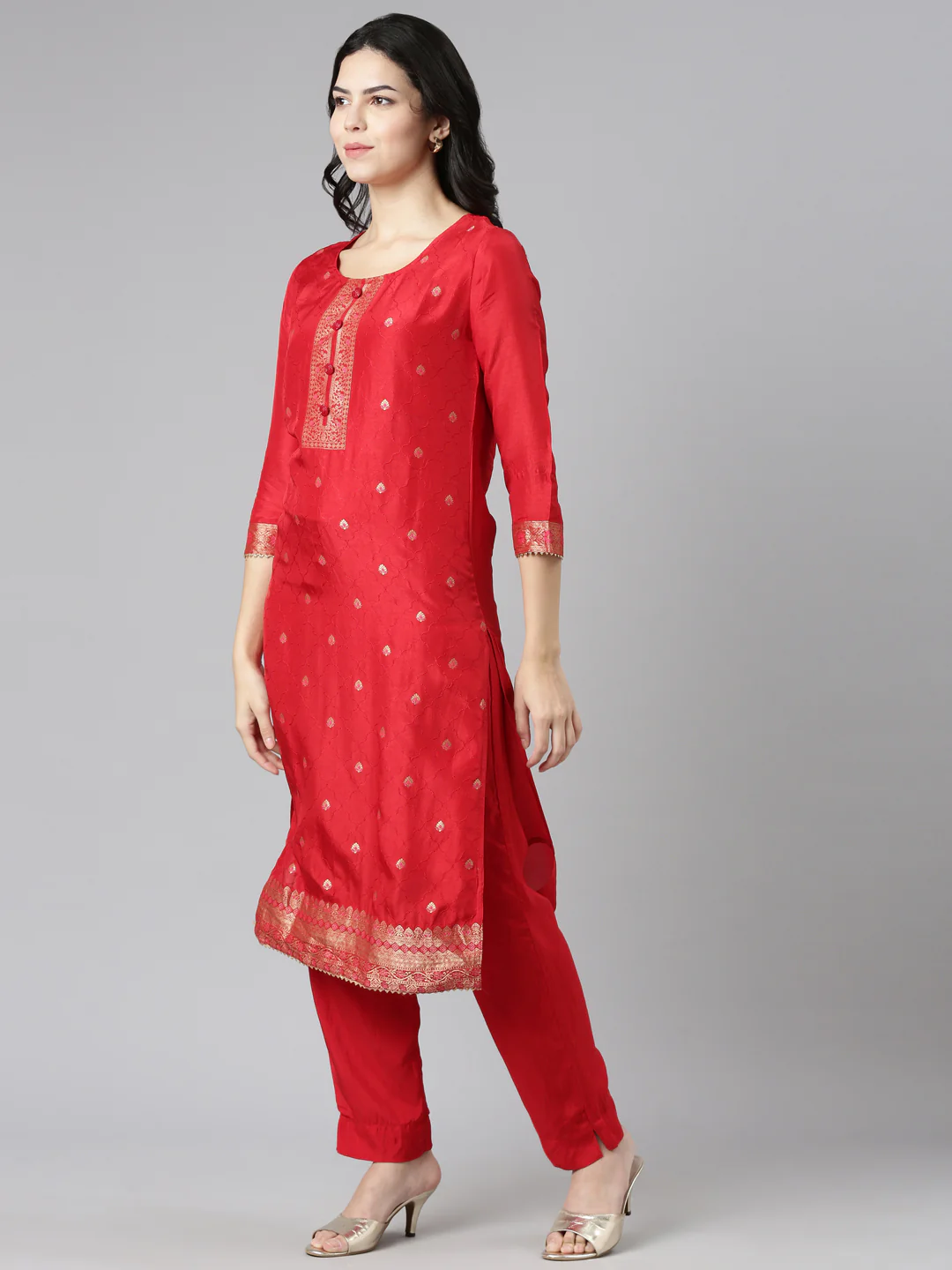 Neerus Red Regular Straight Printed Kurta And Trousers With Dupatta - Image 2