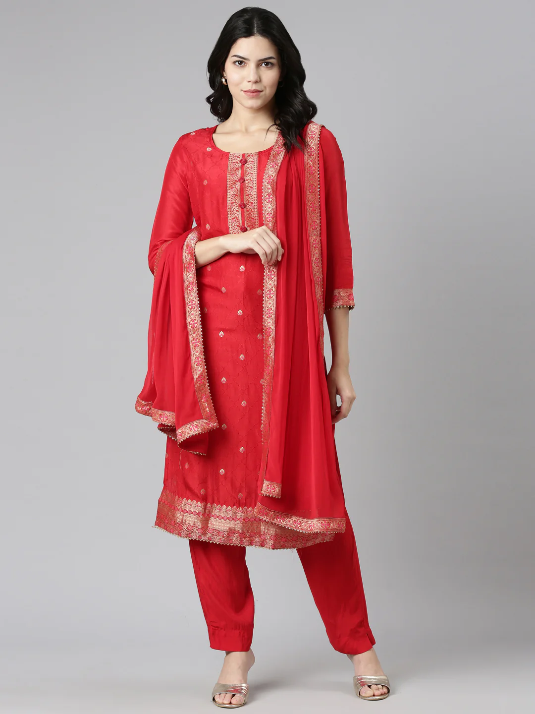 Neerus Red Regular Straight Printed Kurta And Trousers With Dupatta - Image 5