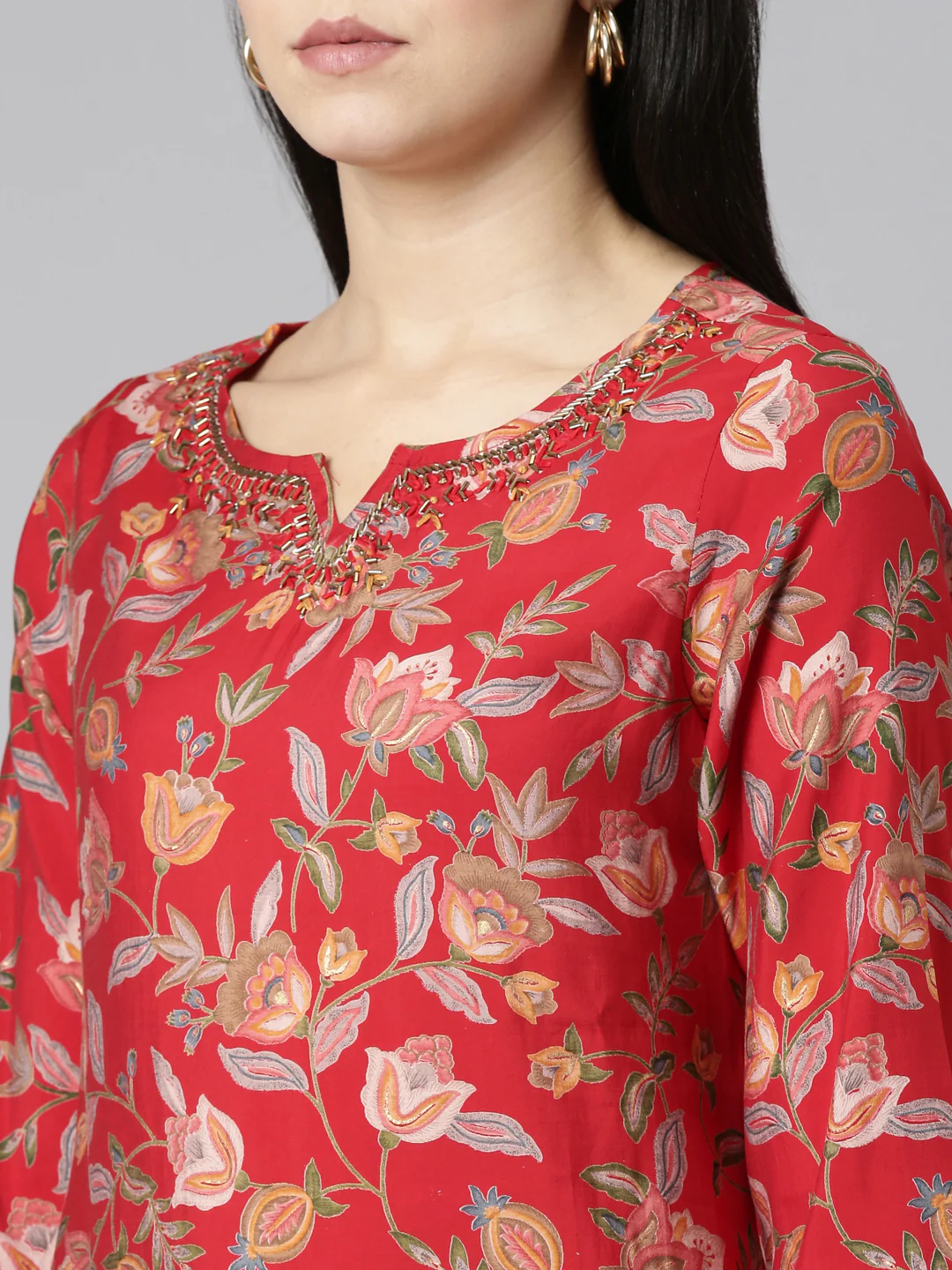 Neerus Red Regular Straight Printed Kurta And Trousers With Dupatta - Image 4