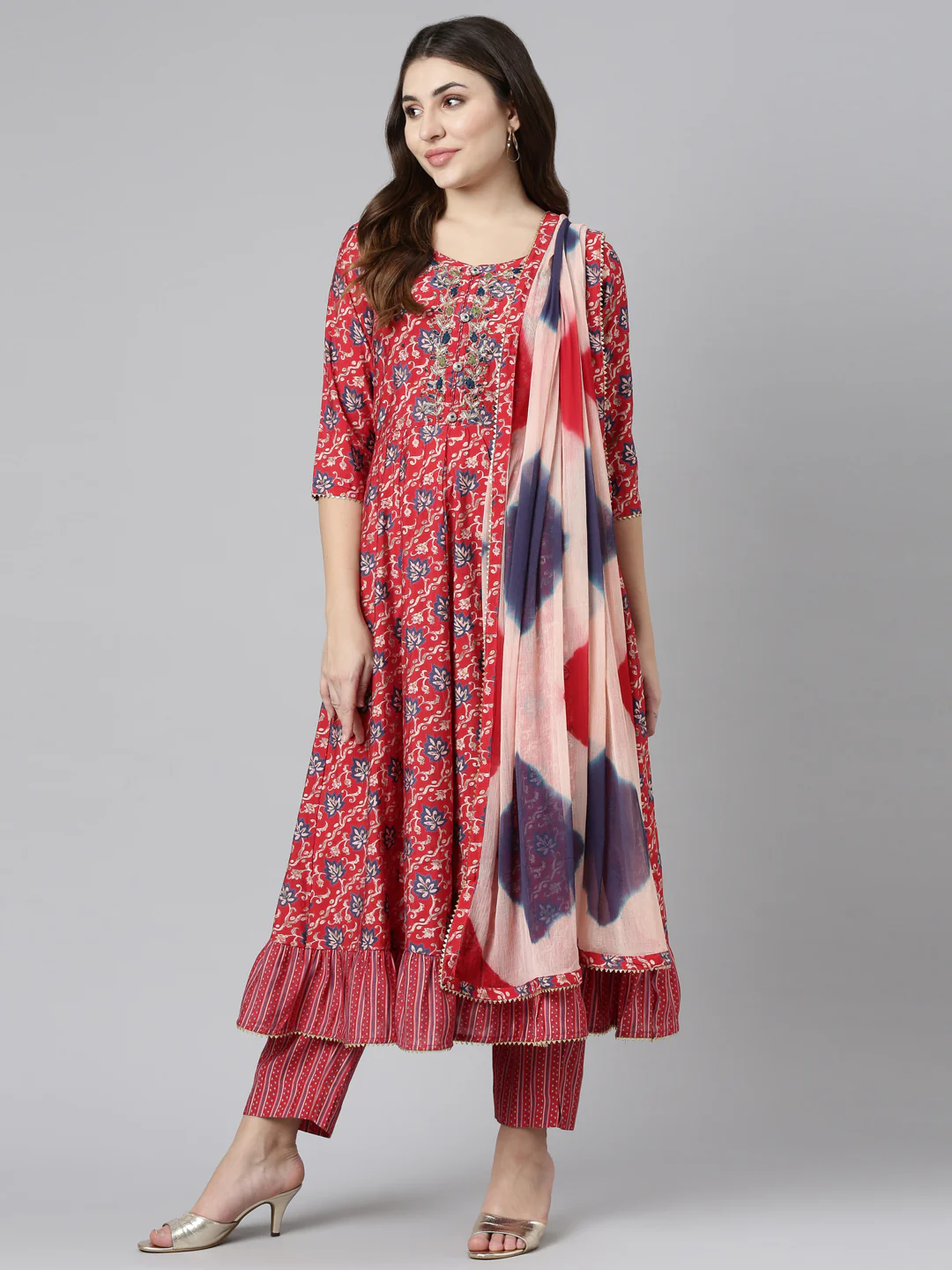 Neerus Red Regular Straight Printed Kurta And Trousers With Dupatta - Image 5
