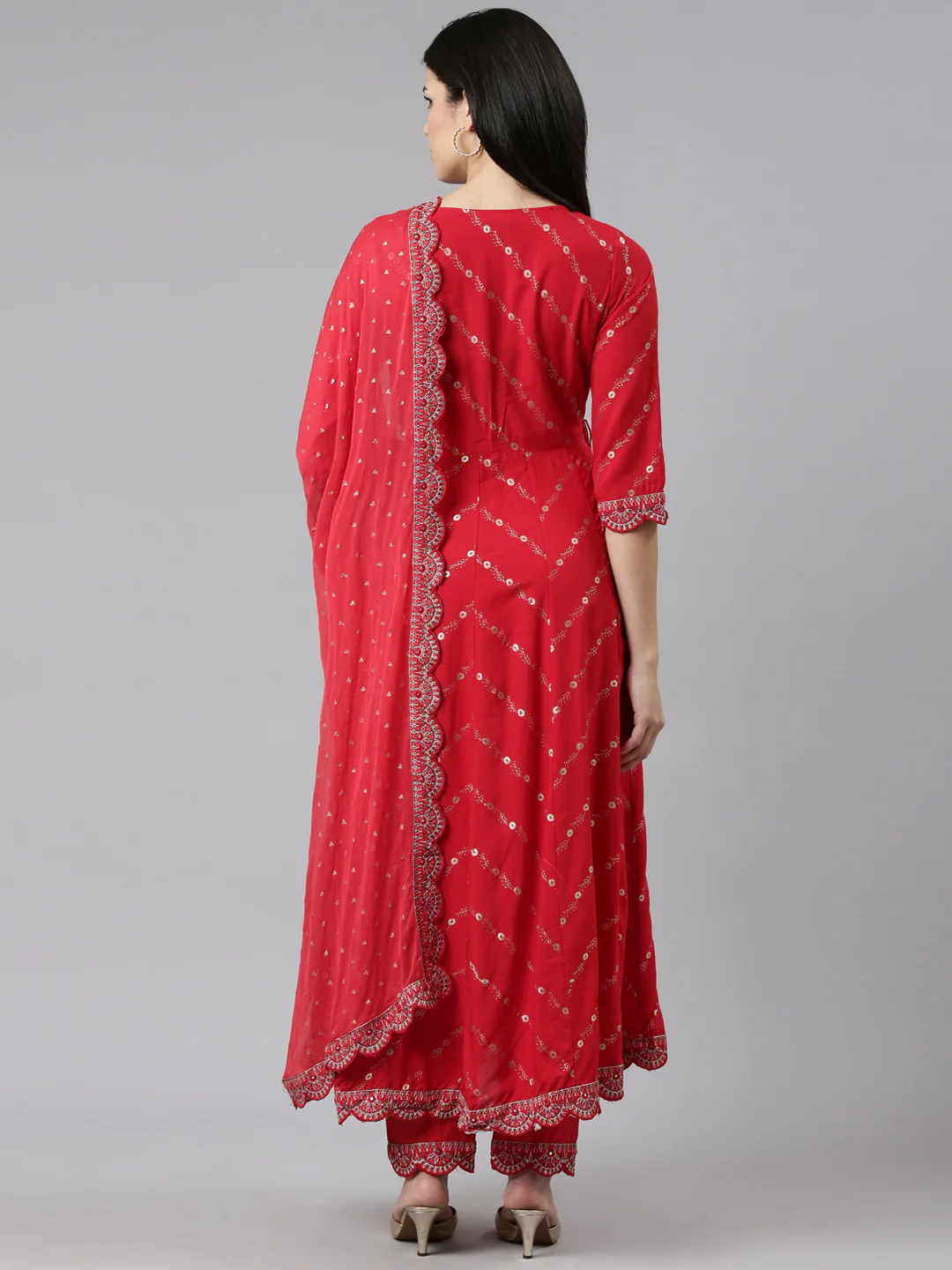 Neerus Red Regular Straight Printed Kurta And Trousers With Dupatta - Image 3
