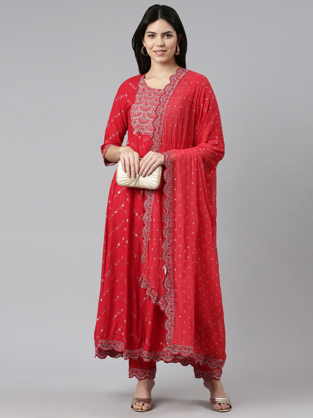 Neerus Red Regular Straight Printed Kurta And Trousers With Dupatta - Image 5