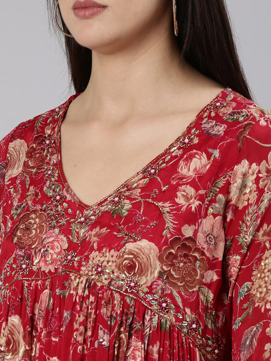 Neerus Red Regular Straight Printed Kurta And Trousers With Dupatta - Image 4