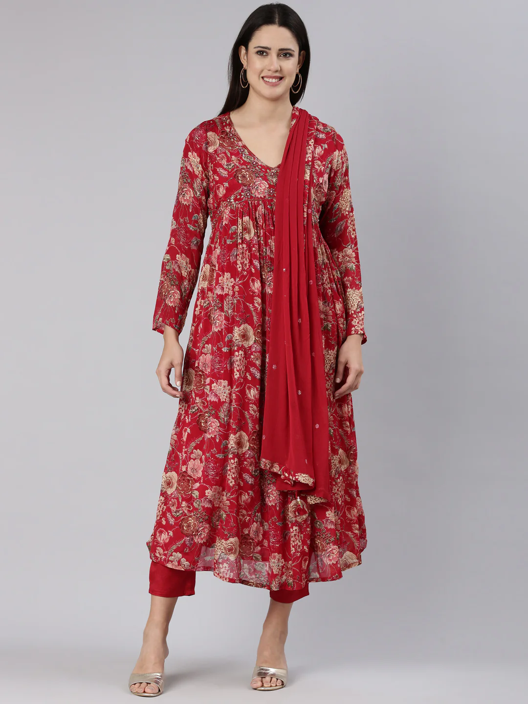 Neerus Red Regular Straight Printed Kurta And Trousers With Dupatta - Image 5