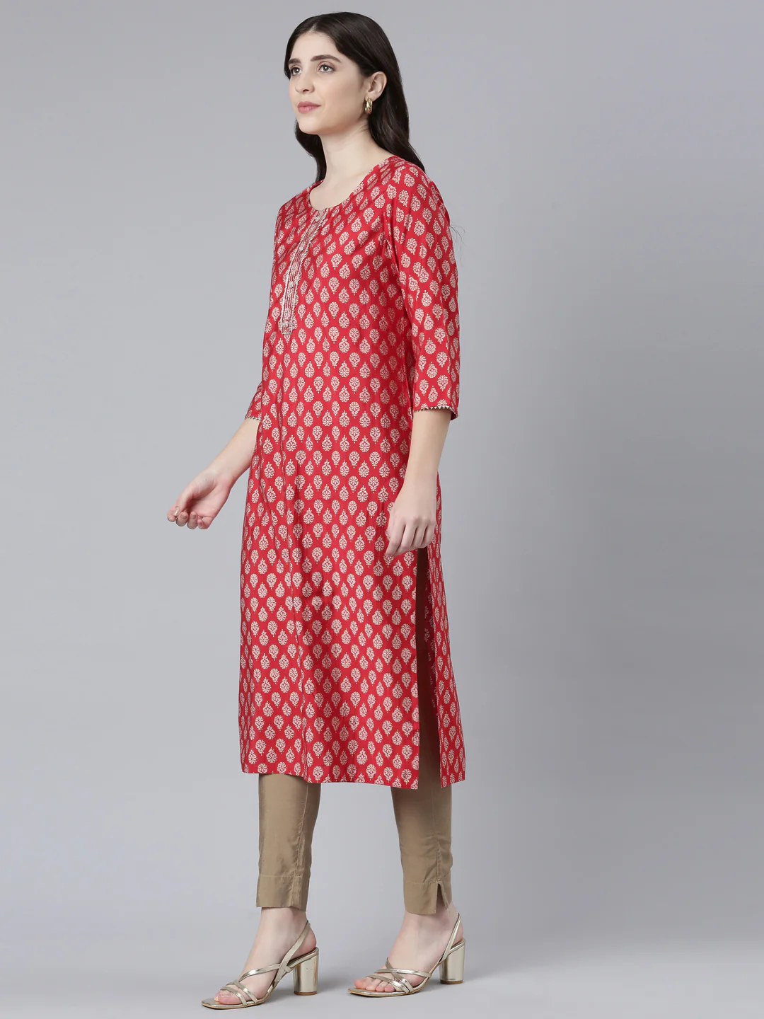Neerus Red Regular Straight Printed Kurta - Image 2