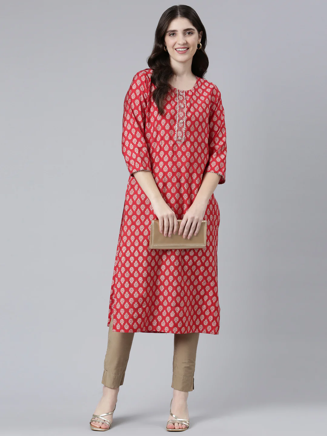 Neerus Red Regular Straight Printed Kurta - Image 5