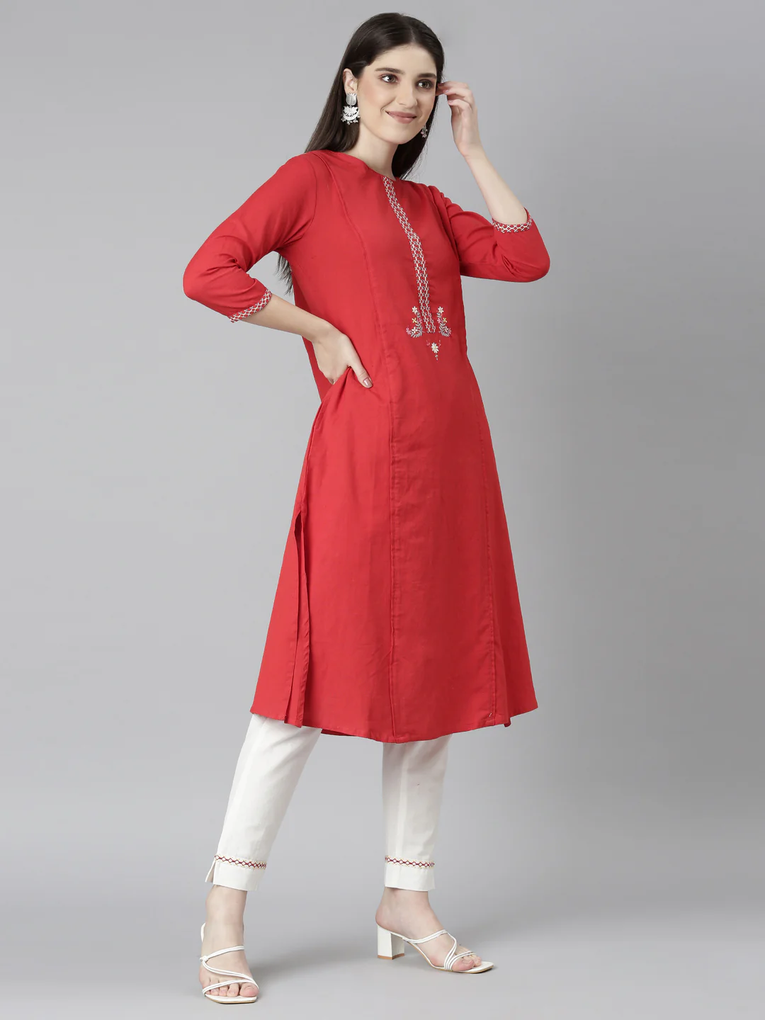 Neerus Red Regular Straight Solid Kurta And Trousers - Image 2