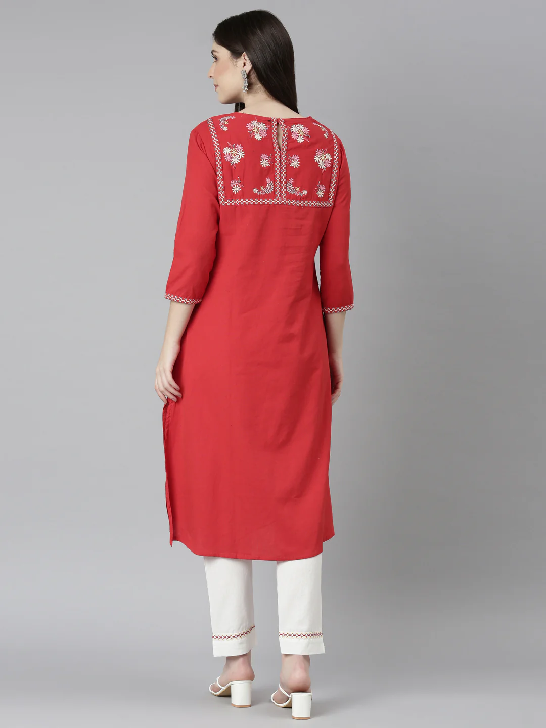 Neerus Red Regular Straight Solid Kurta And Trousers - Image 3