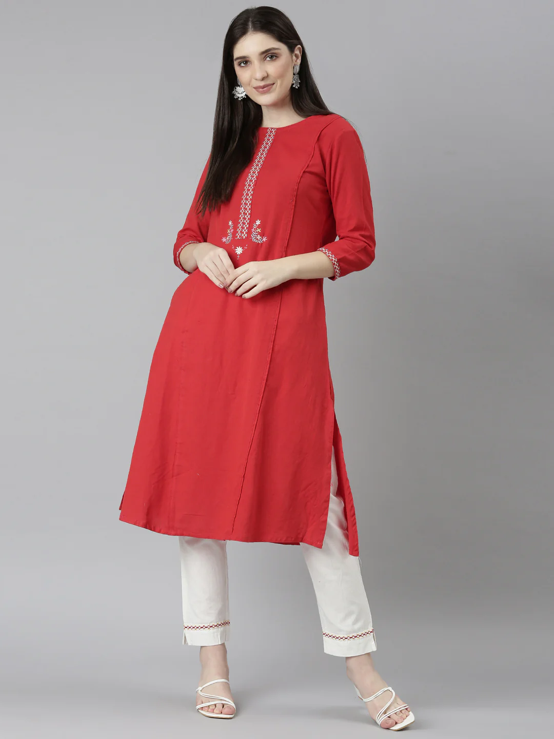 Neerus Red Regular Straight Solid Kurta And Trousers - Image 5