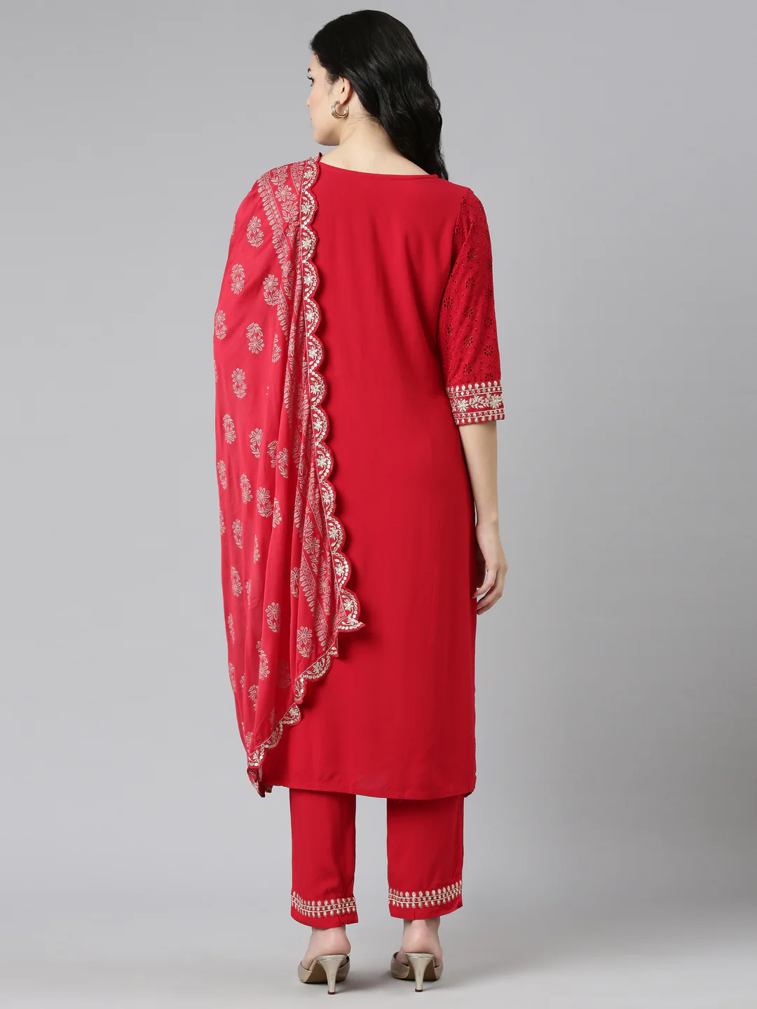 Neerus Red Regular Straight Solid Kurta And Trousers With Dupatta - Image 3