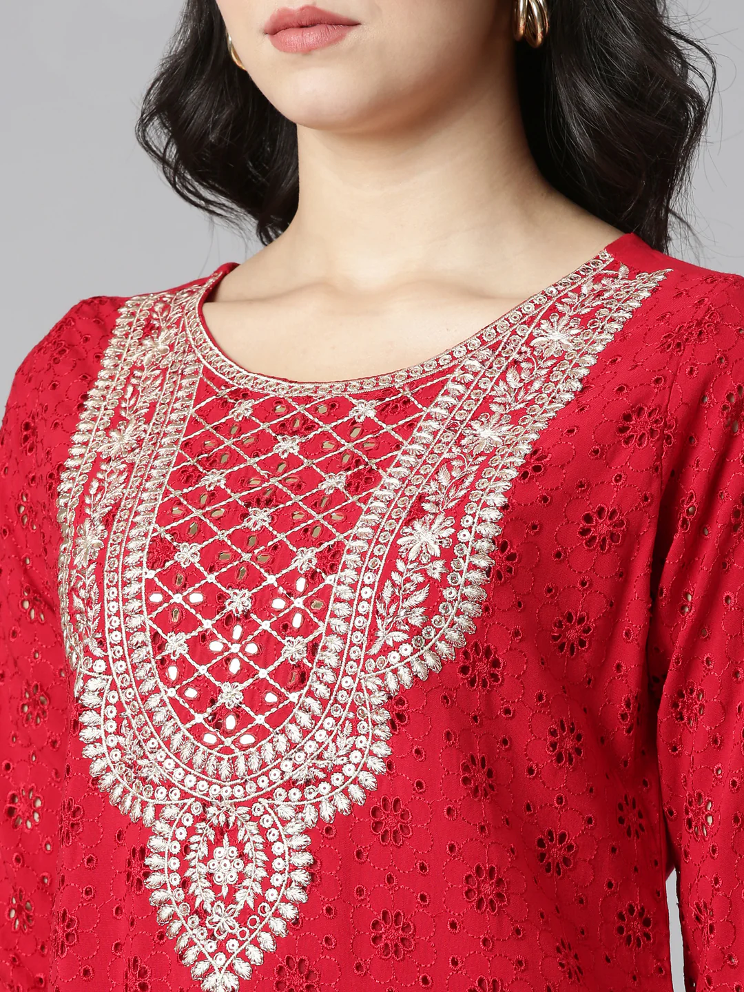 Neerus Red Regular Straight Solid Kurta And Trousers With Dupatta - Image 4