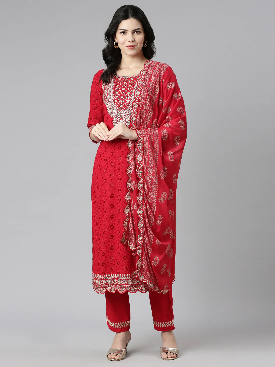 Neerus Red Regular Straight Solid Kurta And Trousers With Dupatta - Image 5