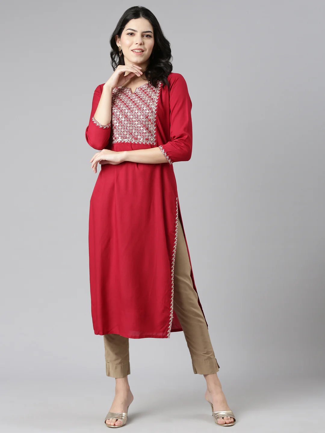 Neerus Red Regular Straight Solid Kurta - Image 5