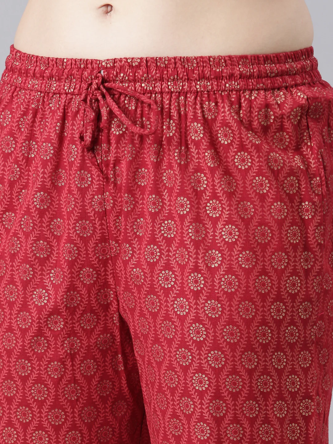 Neerus Red Slub Cotton Straight Casual Floral Kurta and Trouser with Dupatta - Image 7