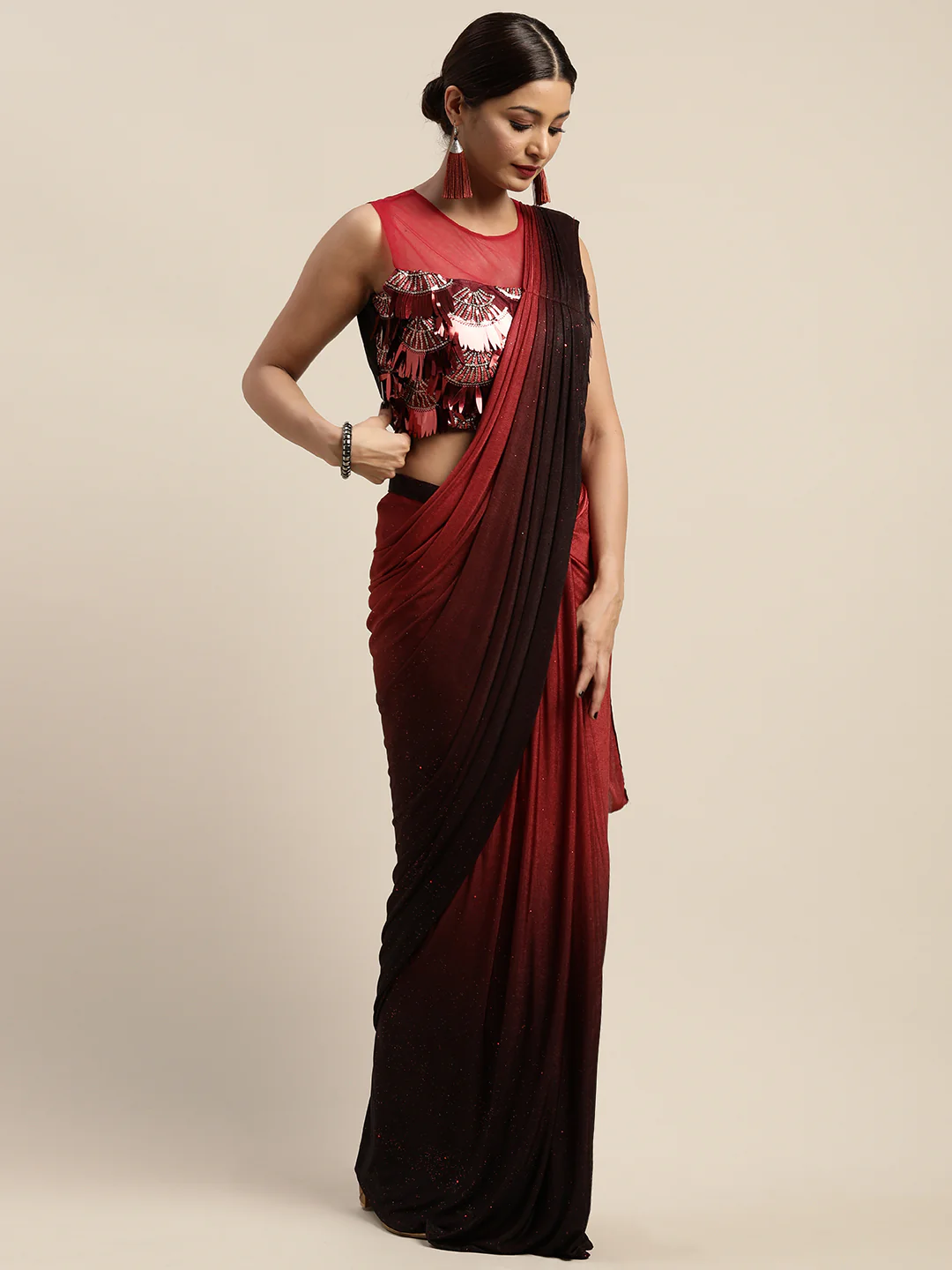 Neerus Red Solid Ready To Wear Saree With Blouse - Image 2