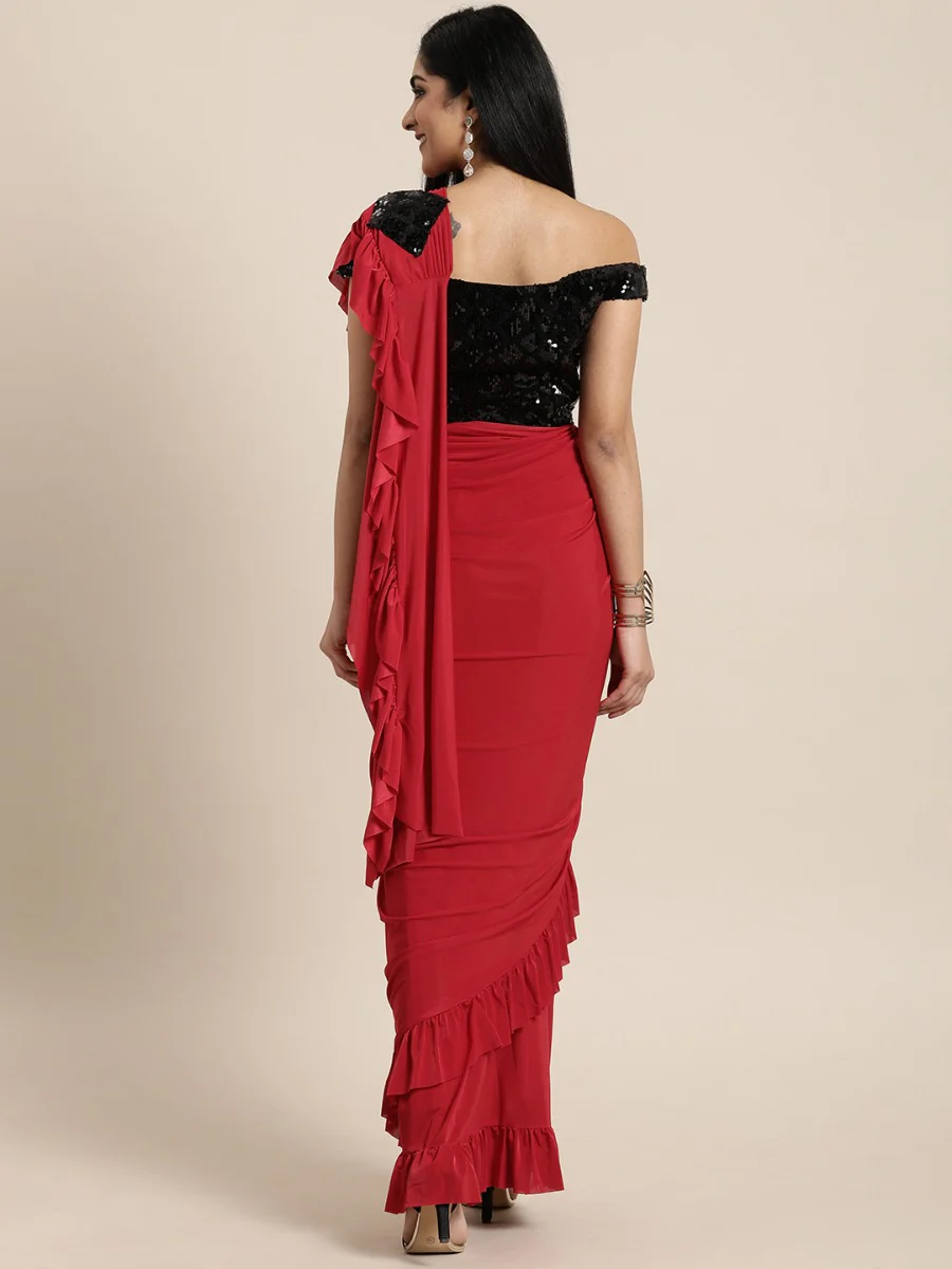Neerus Red Solid Ready To Wear Saree With Blouse - Image 2