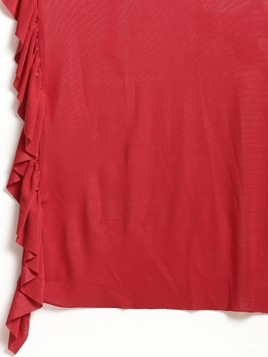 Neerus Red Solid Ready To Wear Saree With Blouse - Image 4