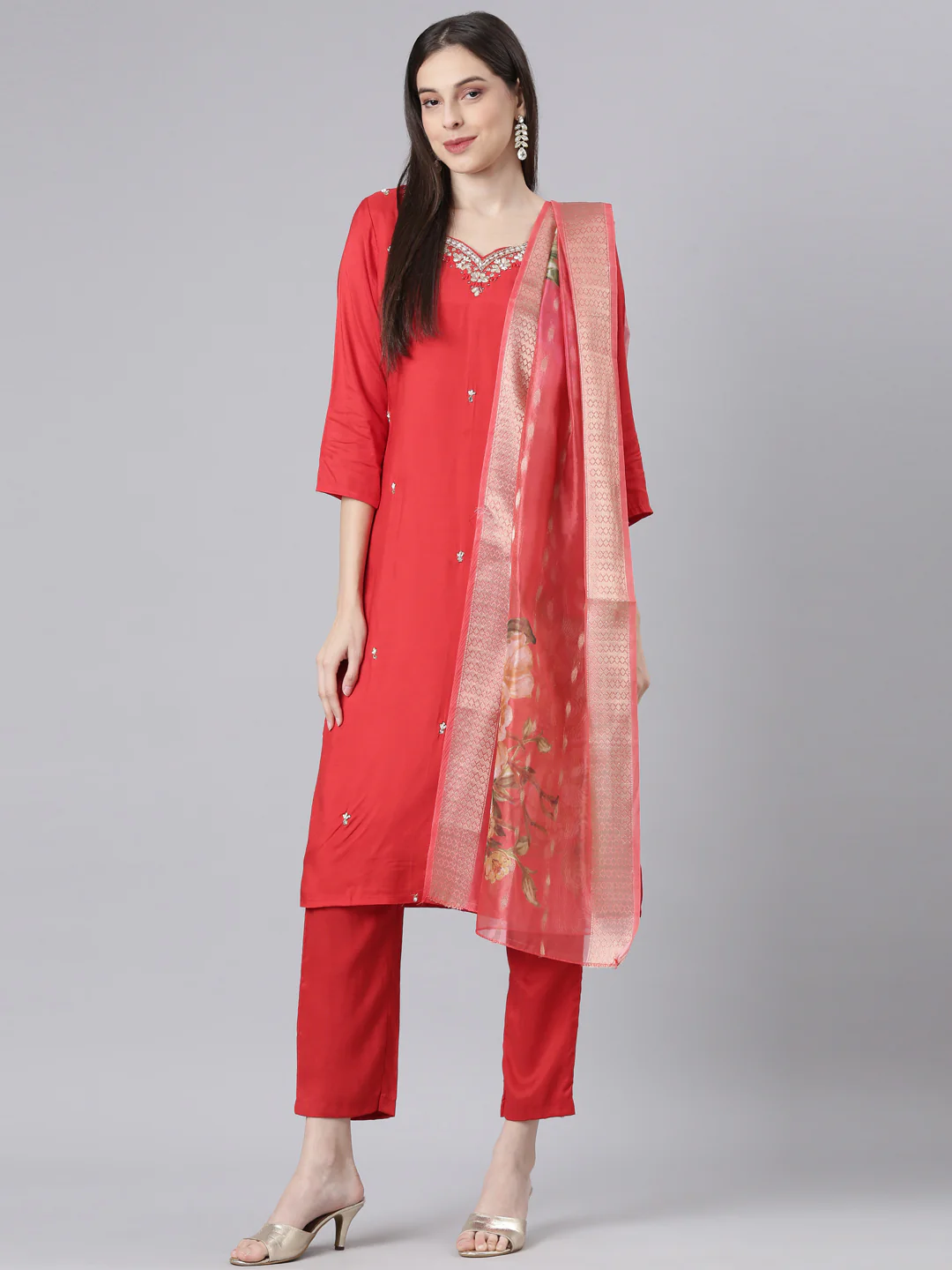 Neerus Red Solid Straight Kurta and Trousers With Dupatta - Image 5