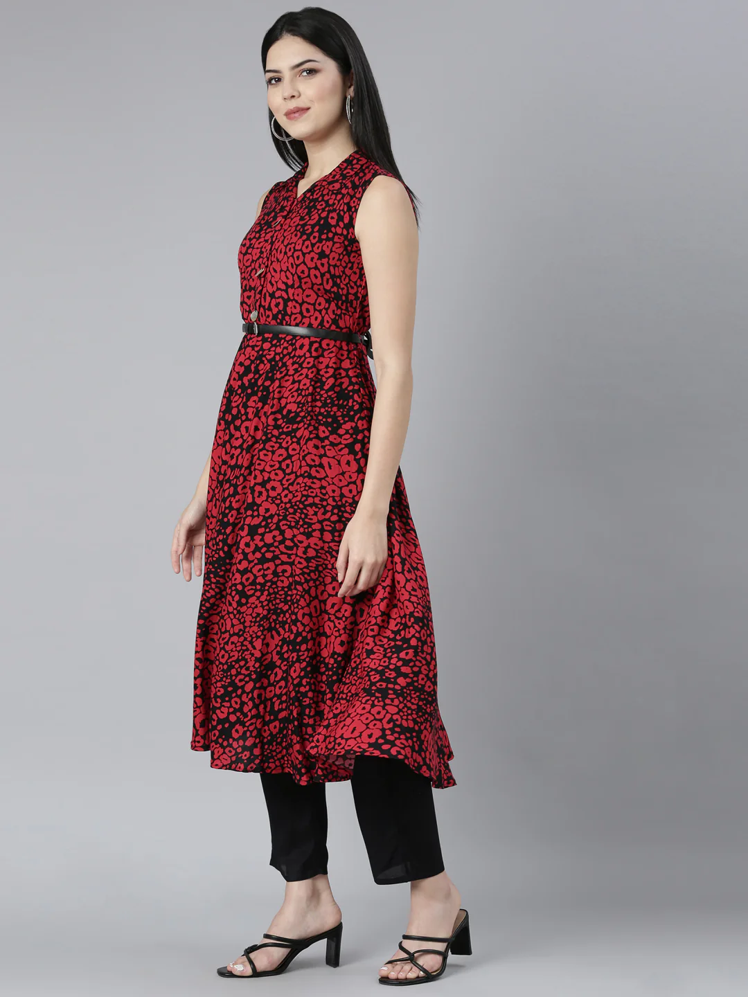 Neerus Red Straight Casual Animal Maxi Dresses - Image 2
