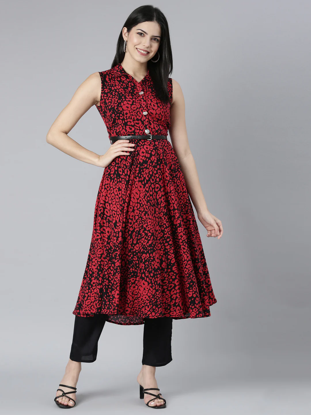 Neerus Red Straight Casual Animal Maxi Dresses - Image 5