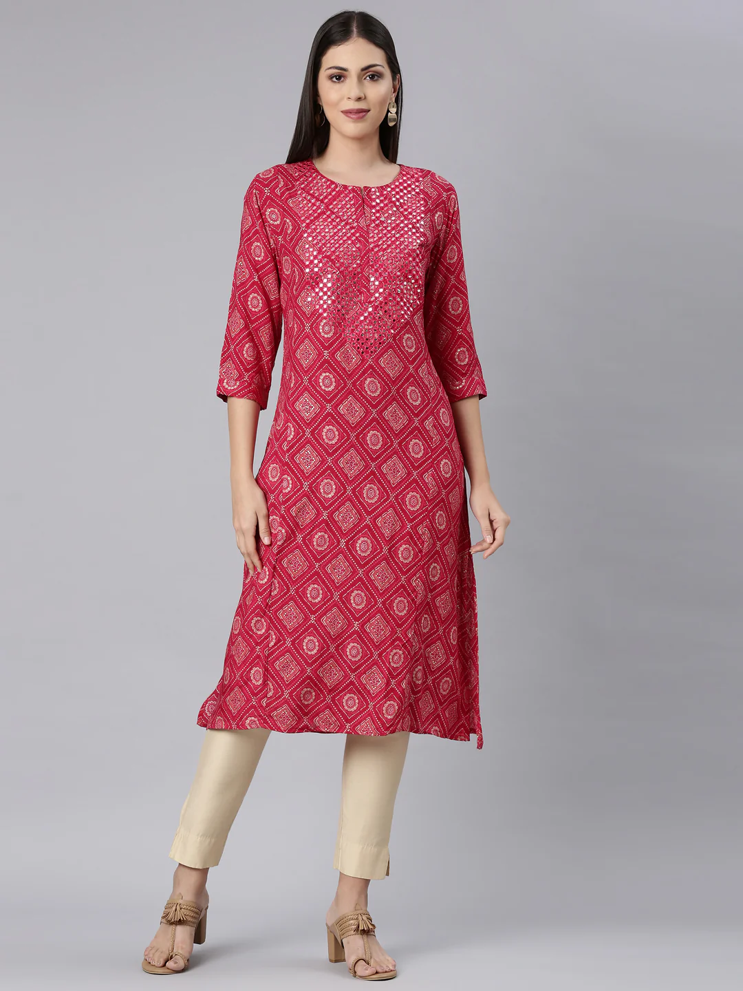 Neerus Red Straight Casual Bandhani Straight Kurta