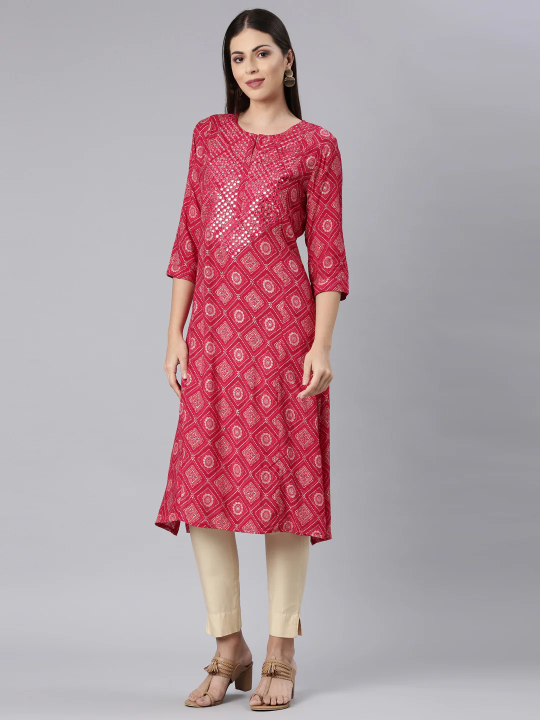 Neerus Red Straight Casual Bandhani Straight Kurta - Image 2