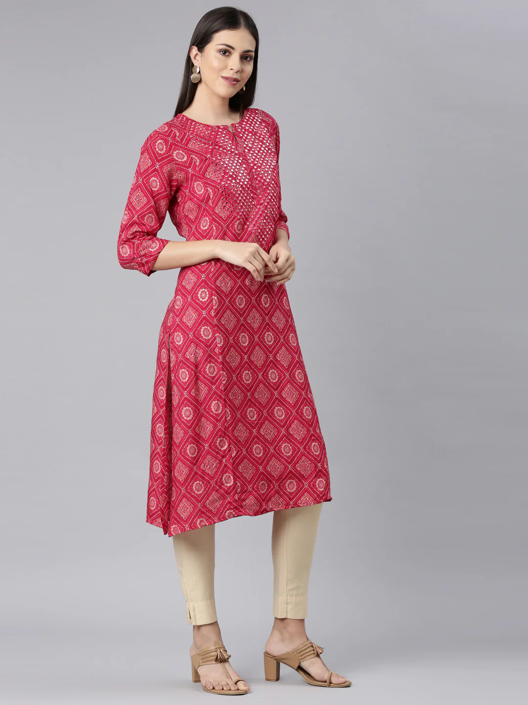 Neerus Red Straight Casual Bandhani Straight Kurta - Image 3