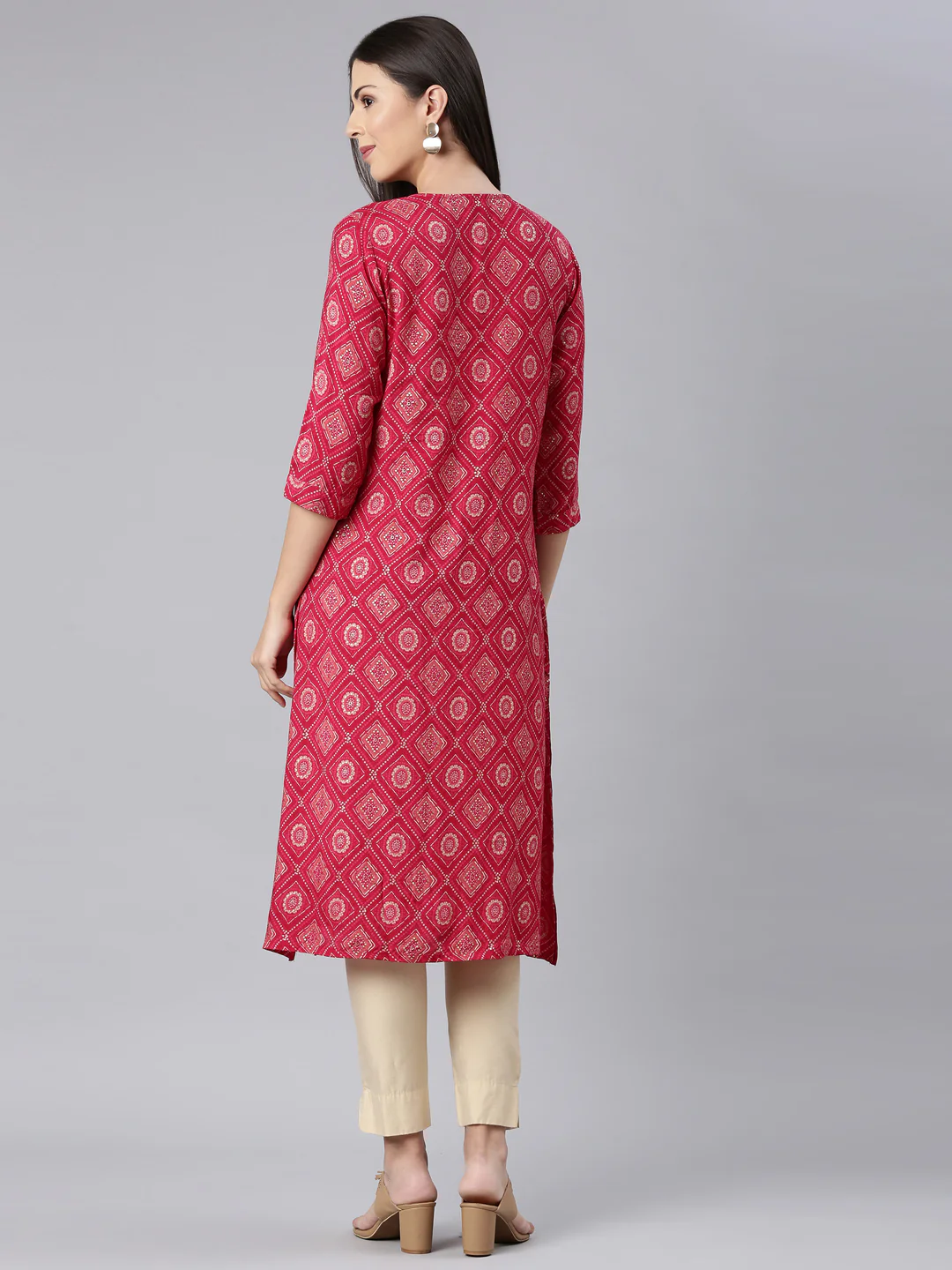 Neerus Red Straight Casual Bandhani Straight Kurta - Image 4