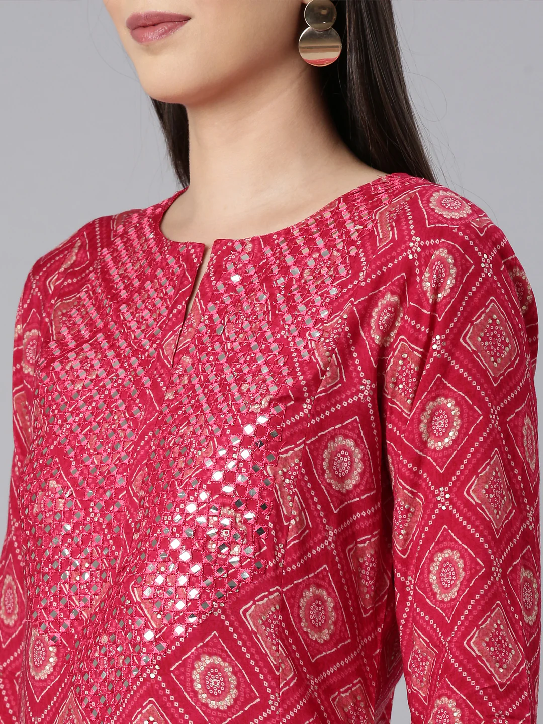 Neerus Red Straight Casual Bandhani Straight Kurta - Image 5