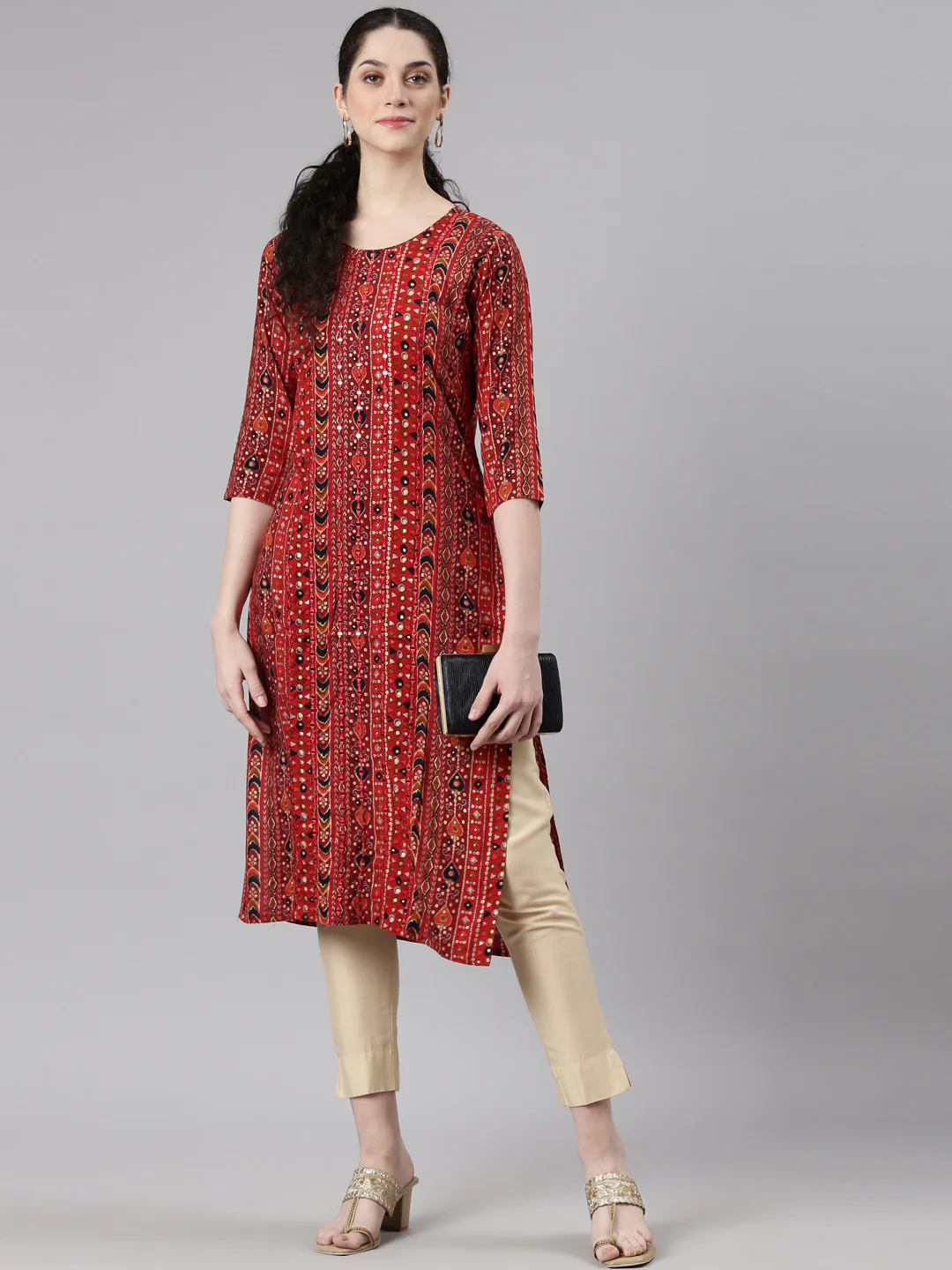 Neerus Red Straight Casual Embellished Kurta - Image 6