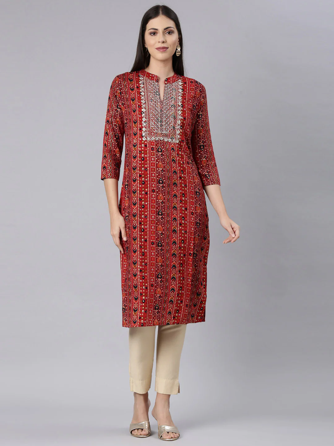 Neerus Red Straight Casual Embellished Straight Kurta