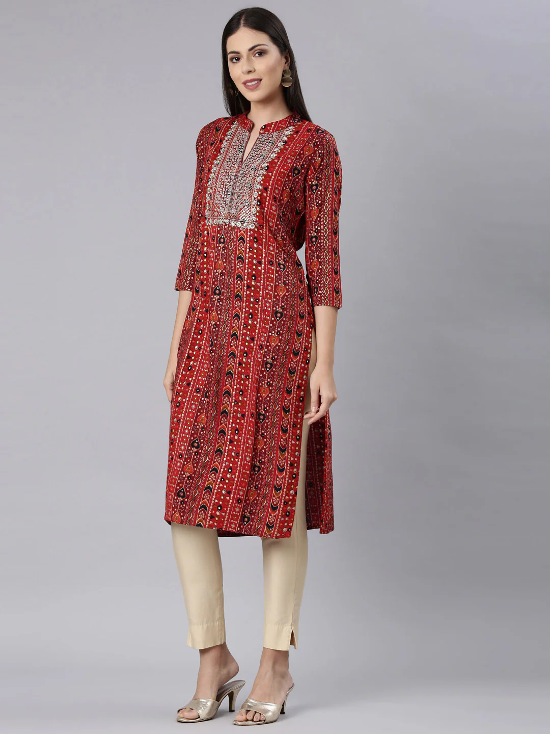 Neerus Red Straight Casual Embellished Straight Kurta - Image 2