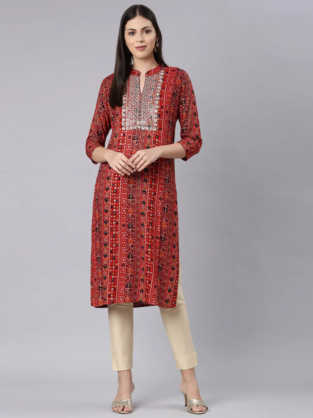 Neerus Red Straight Casual Embellished Straight Kurta - Image 6