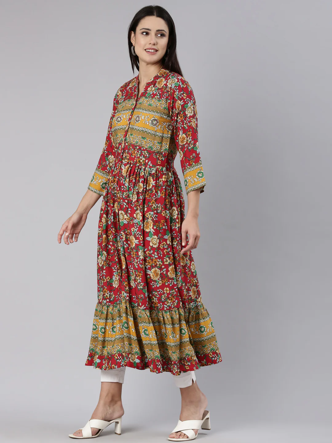 Neerus Red Straight Casual Floral Dress - Image 2