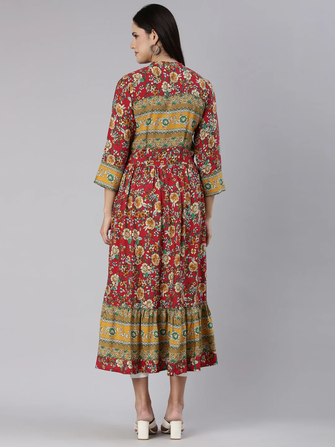 Neerus Red Straight Casual Floral Dress - Image 3