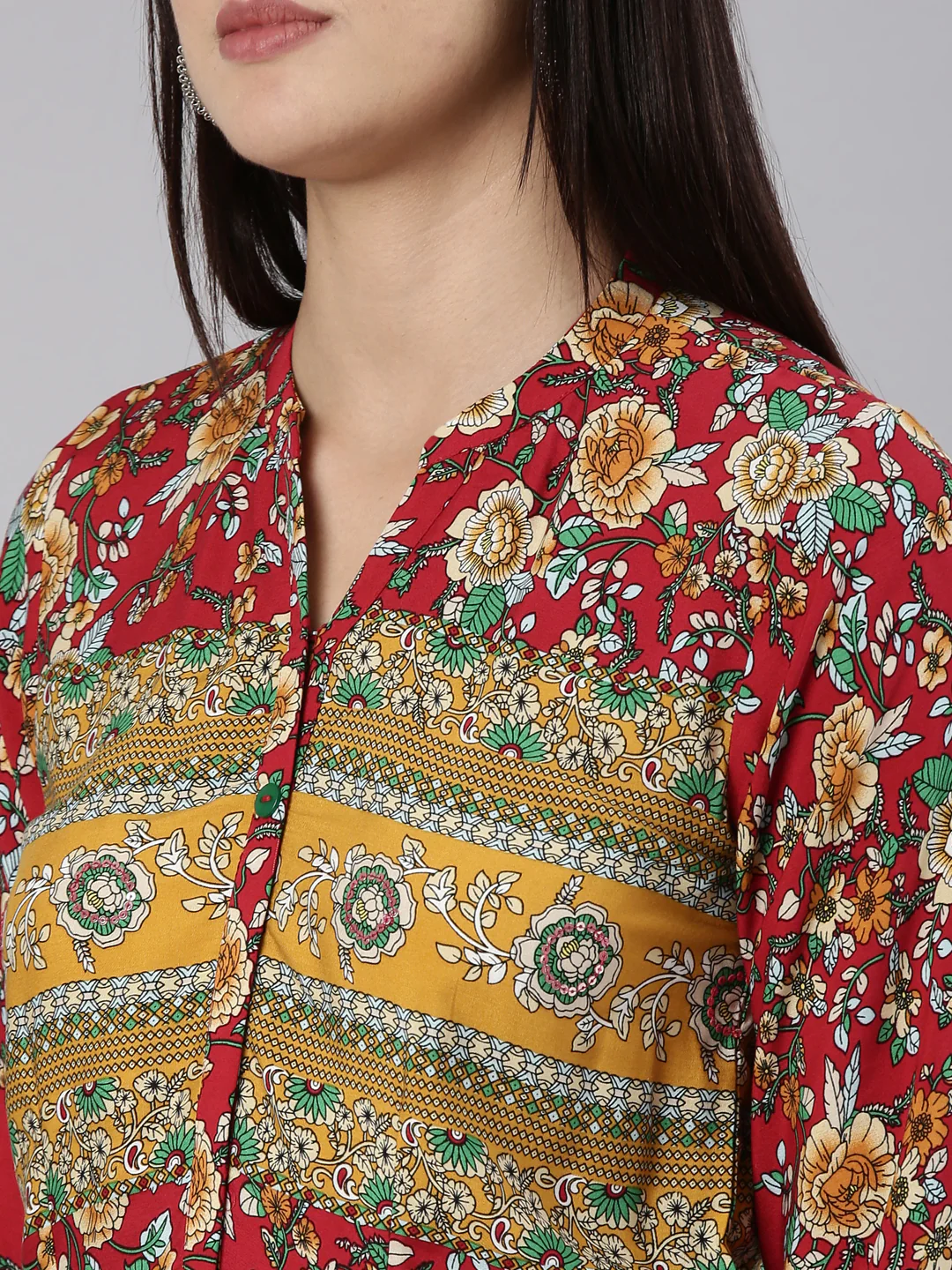 Neerus Red Straight Casual Floral Dress - Image 4