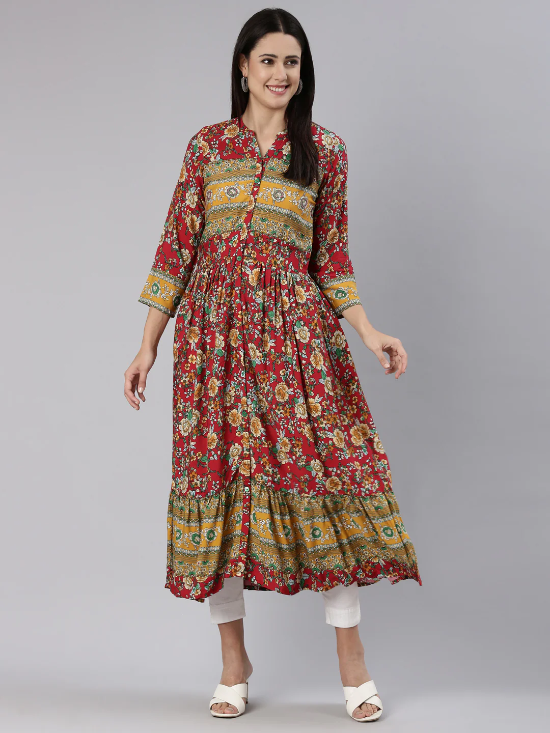 Neerus Red Straight Casual Floral Dress - Image 5