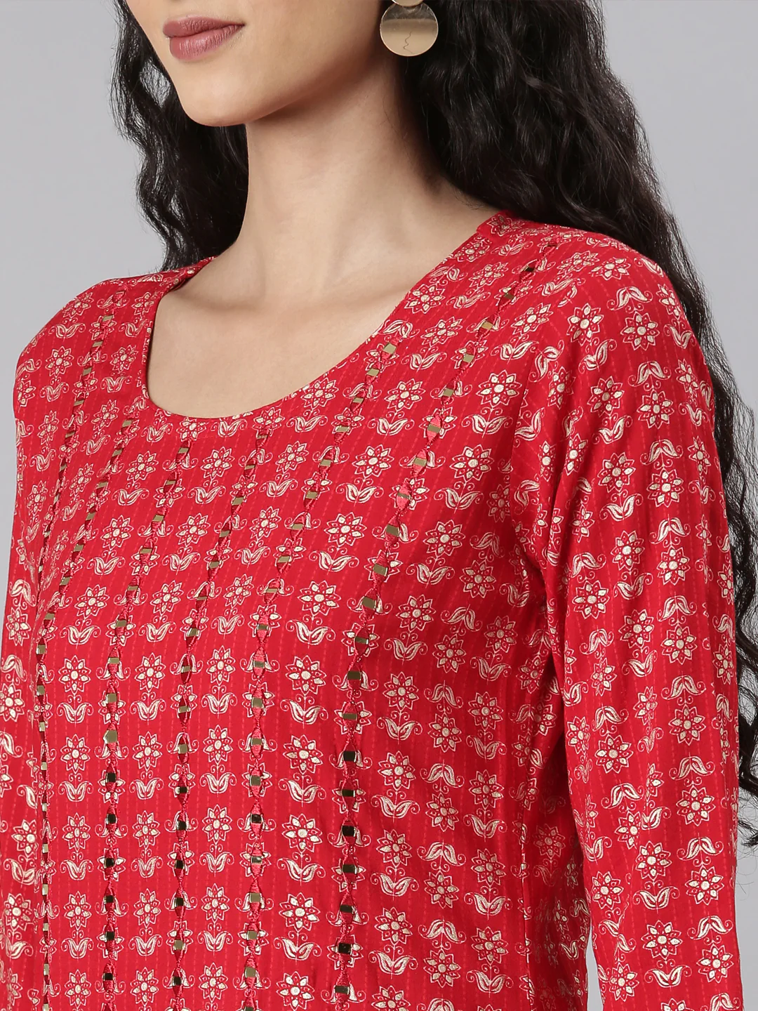 Neerus Red Straight Casual Floral Straight Kurta - Image 5