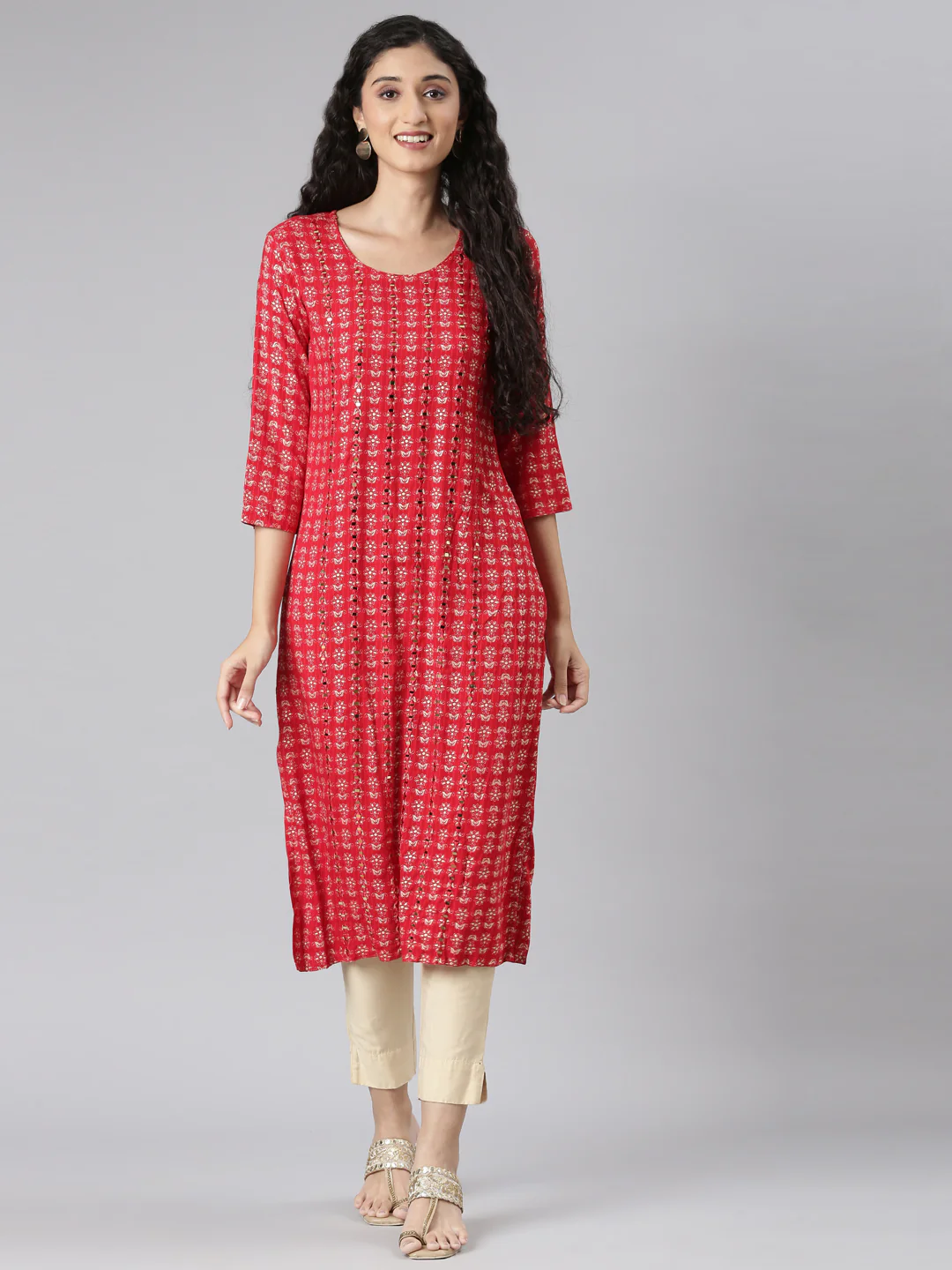Neerus Red Straight Casual Floral Straight Kurta - Image 6