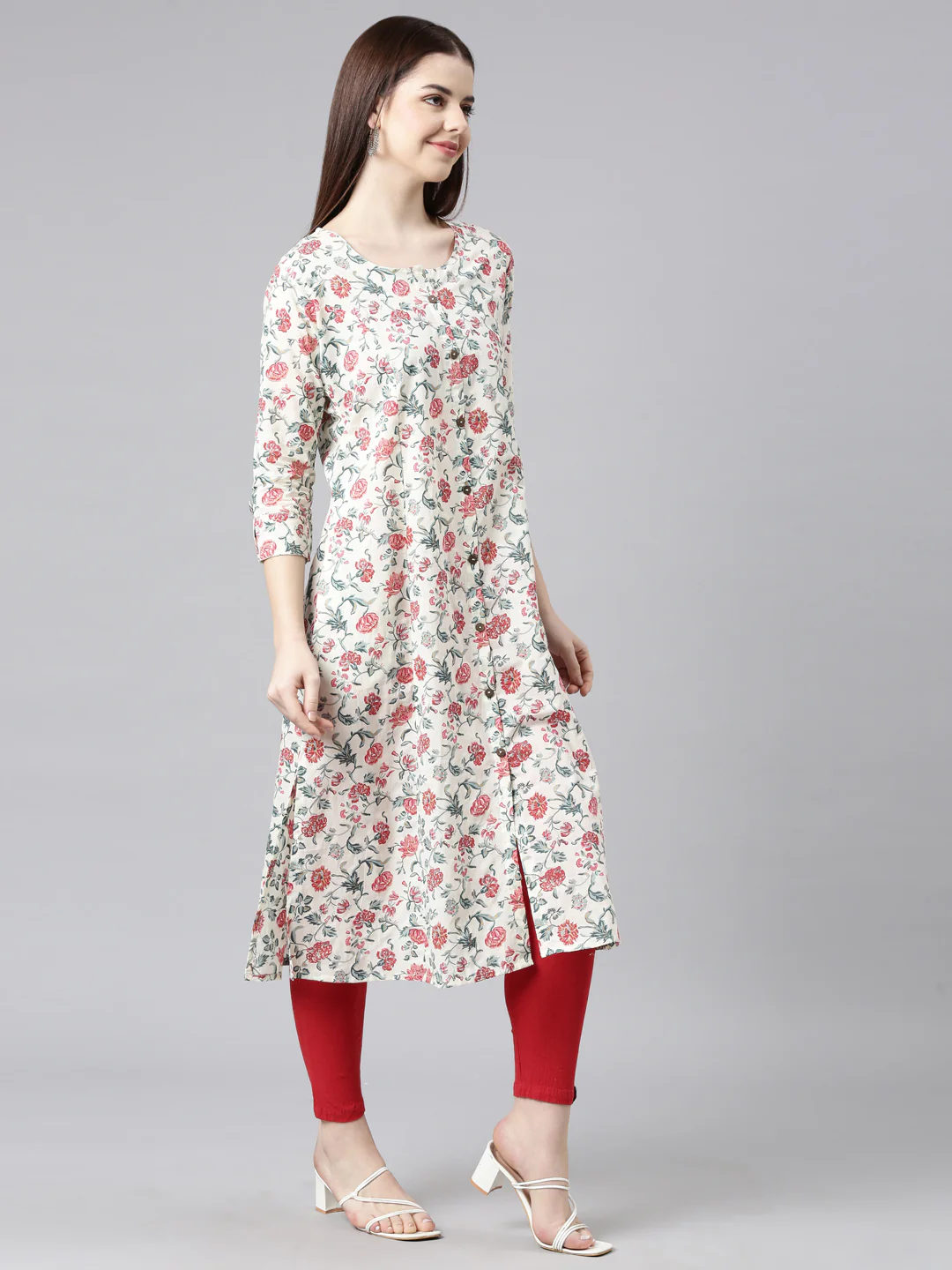 Neerus Red Straight Casual Floral Straight Kurta - Image 3
