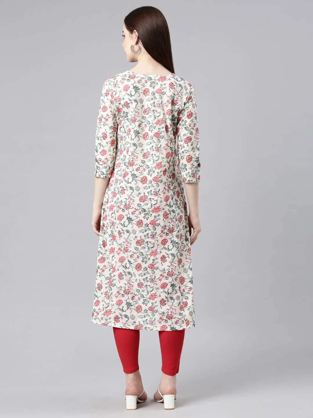 Neerus Red Straight Casual Floral Straight Kurta - Image 4
