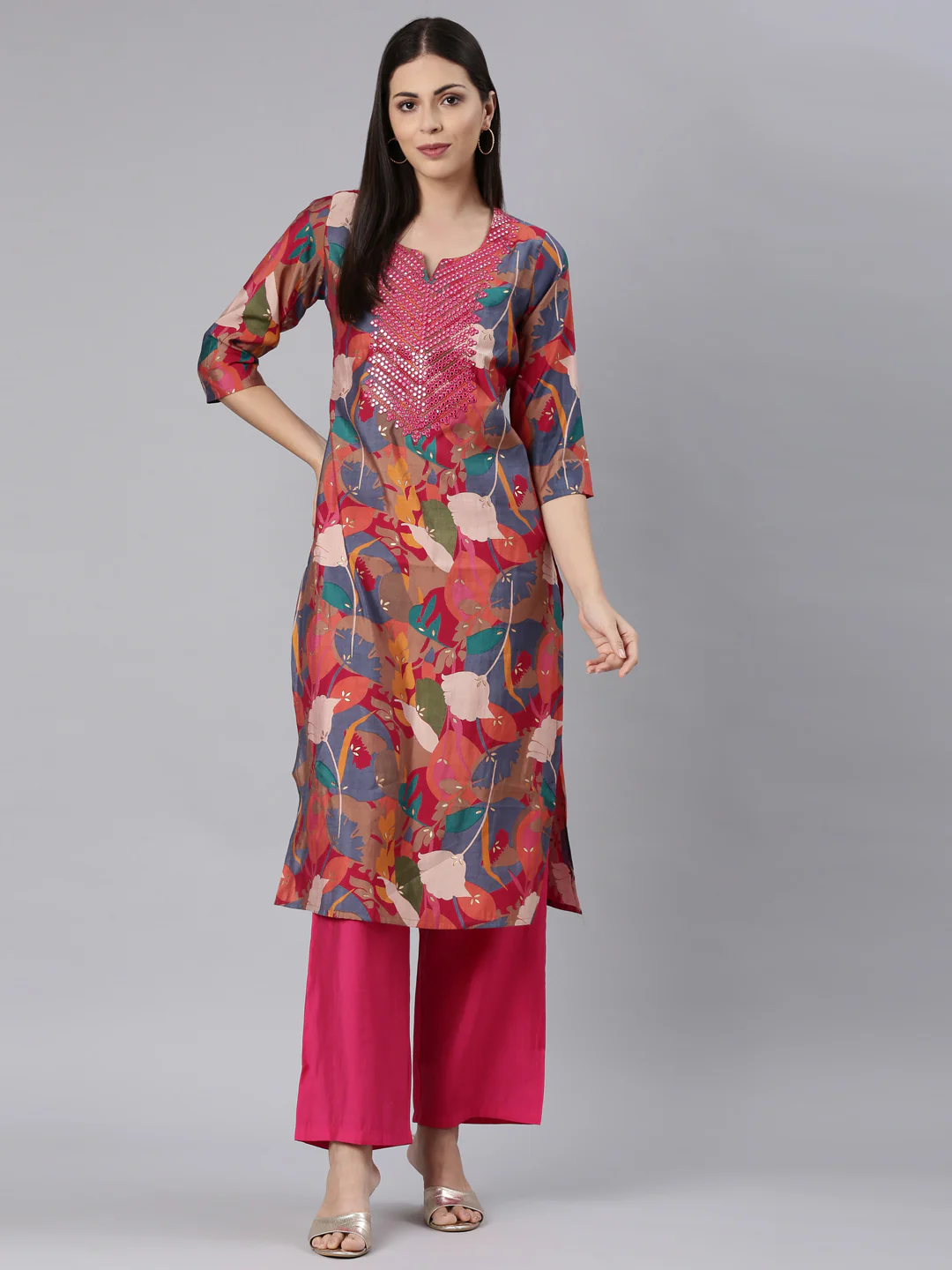 Neerus Red Straight Casual Floral Straight Kurta - Image 6