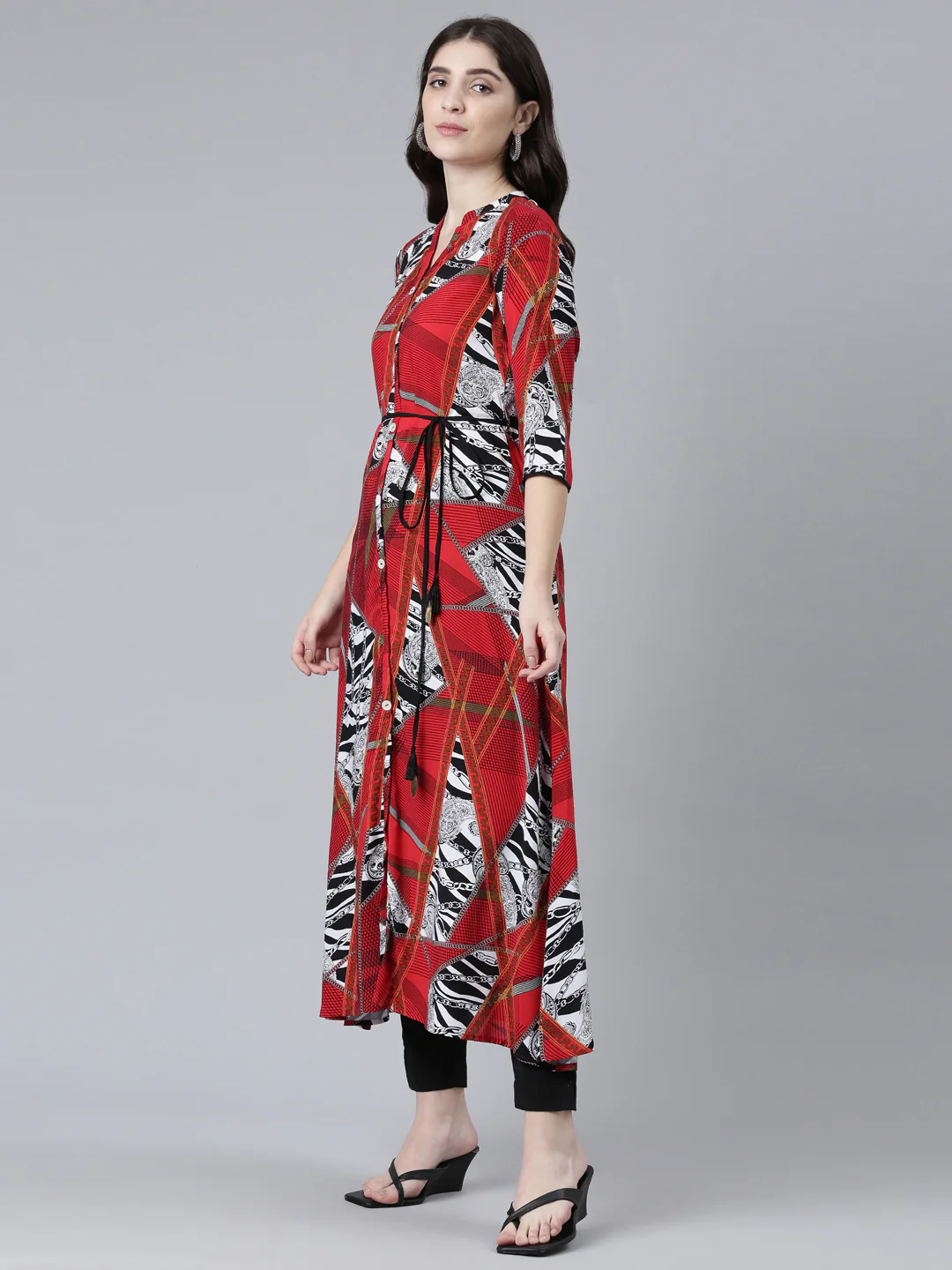 Neerus Red Straight Casual Printed Dress - Image 2