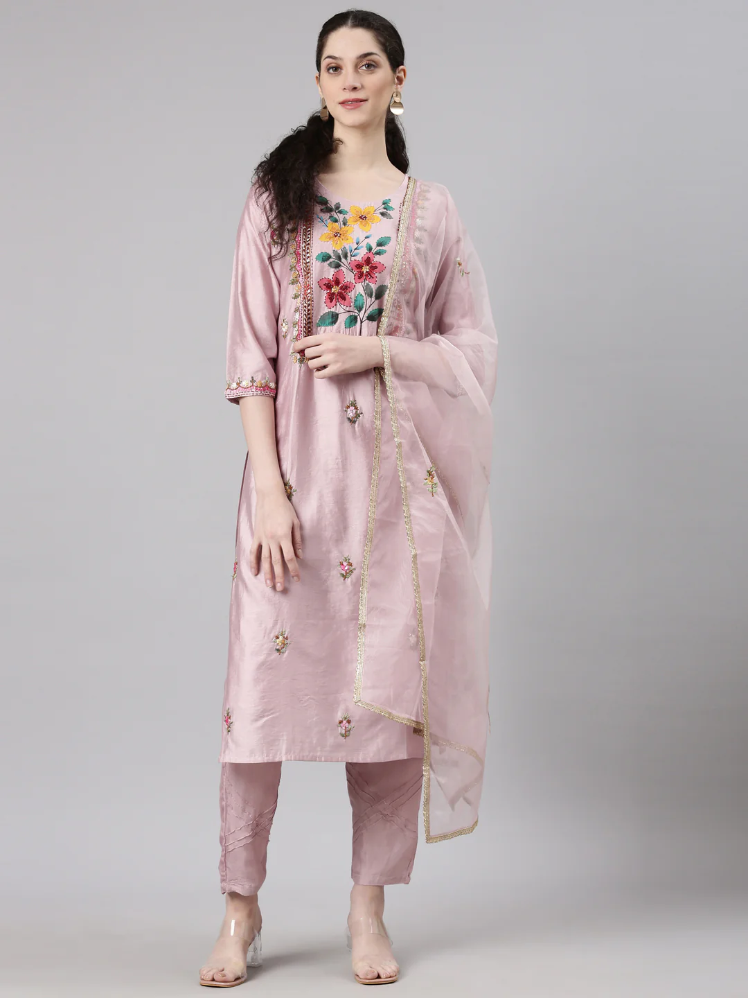 Neerus Red Straight Casual Solid Kurta and Trouser with Dupatta - Image 6
