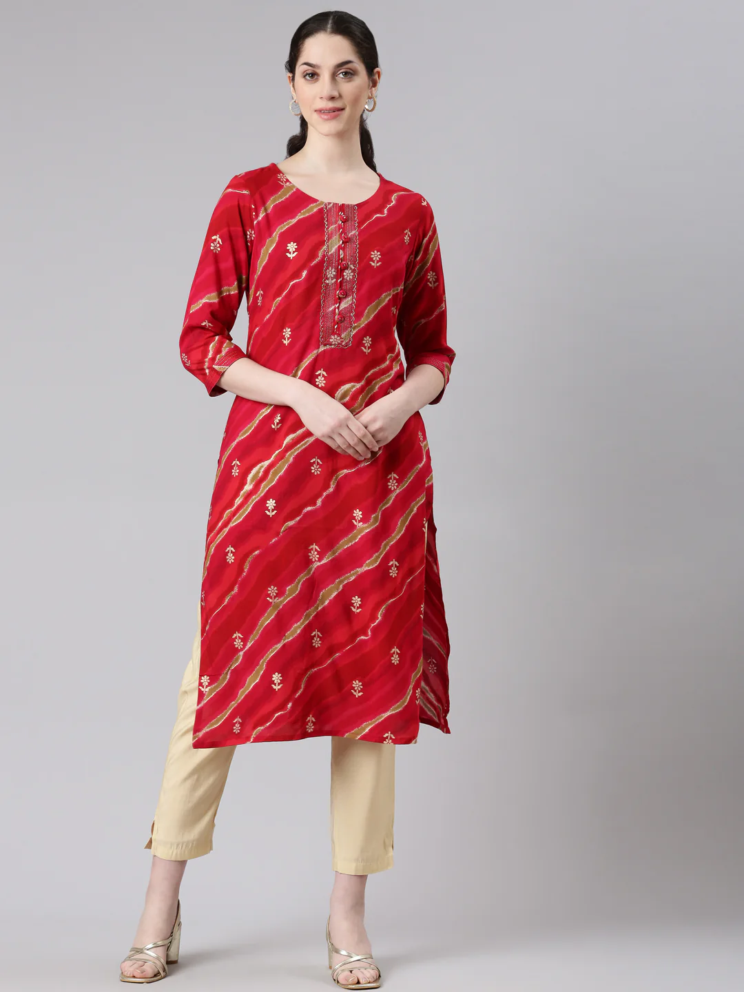 Neerus Red Straight Casual Striped Panelled Kurta