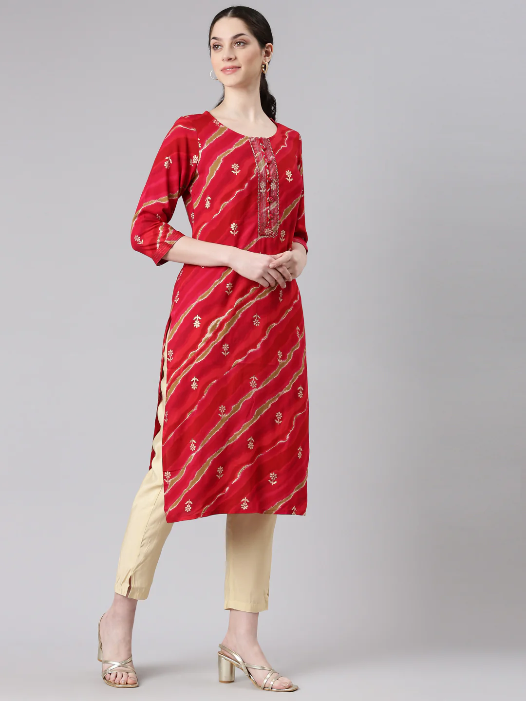 Neerus Red Straight Casual Striped Panelled Kurta - Image 2